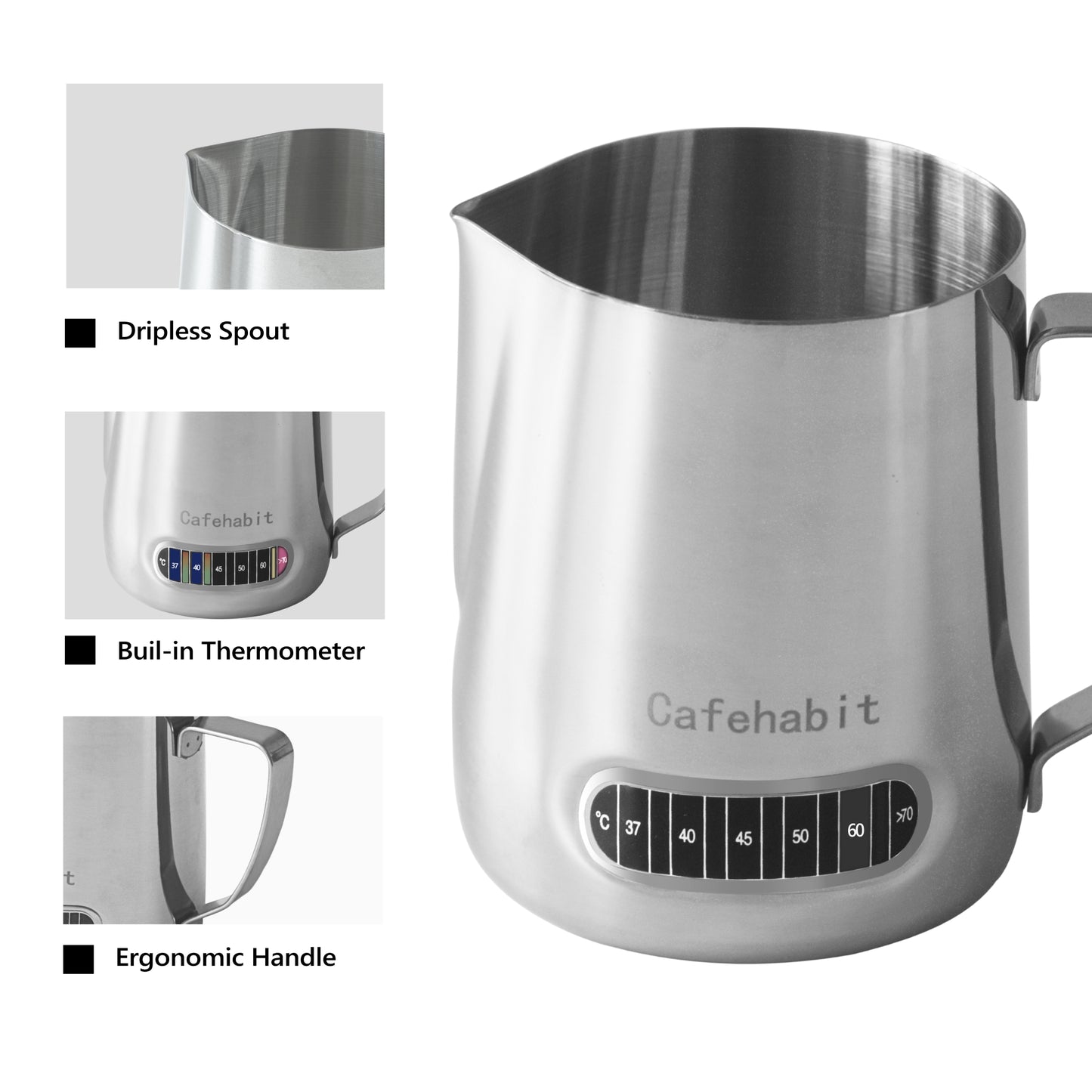 CafeHabit Temp Control Milk Frothing Pitcher, 20oz/600ml, Silver