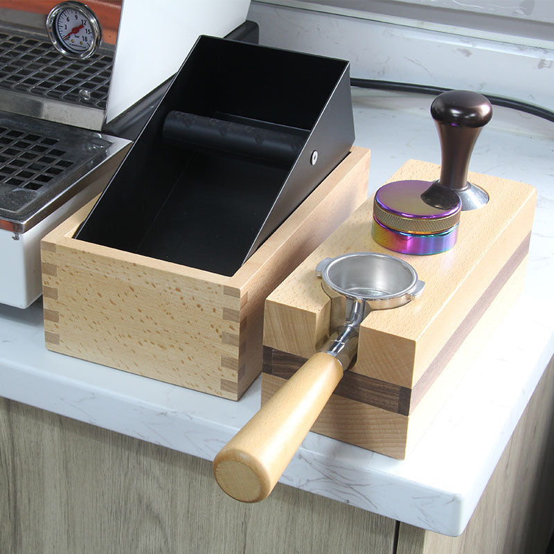 Espresso Knock Box, 54MM Espresso Coffee Organizer Box Fit for Storage 51 to 54MM Espresso Tamper, Distributor, Portafilter & Puck Screen Accessories, Natural Walnut Station Base (4 IN One)