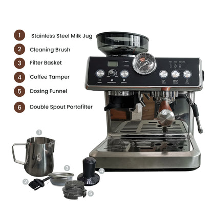 Espresso Machine with Grinder, Semi-Automatic Espresso Maker with Milk Frother, 15 Precision Grind Settings