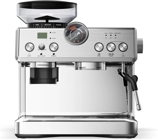 Espresso Machine with Grinder, Semi-Automatic Espresso Maker with Milk Frother, 20 Bar ULKA Pump & 31 Precision Grind Settings