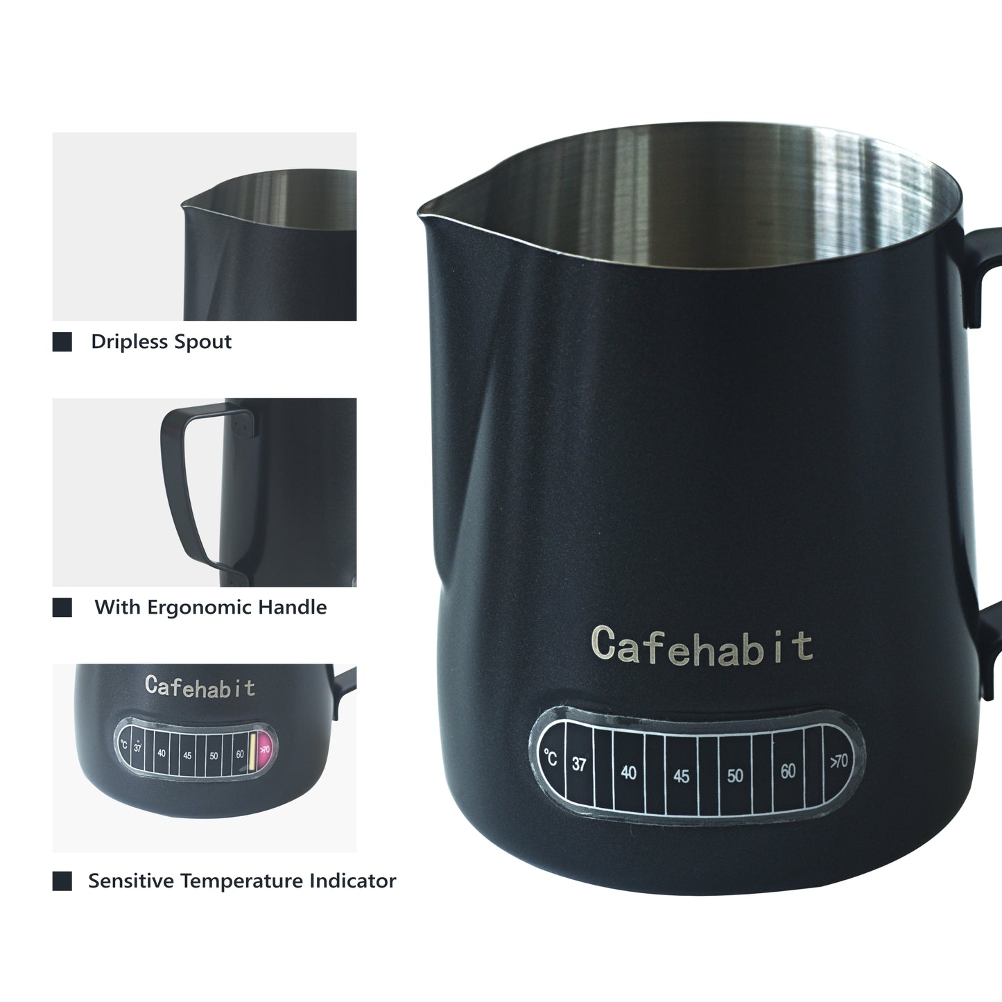 CafeHabit Temp Control Milk Frothing Pitcher, 20oz/600ml,Black
