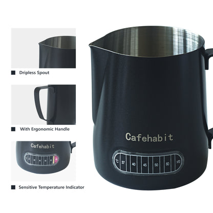 CafeHabit Temp Control Milk Frothing Pitcher, 20oz/600ml,Black