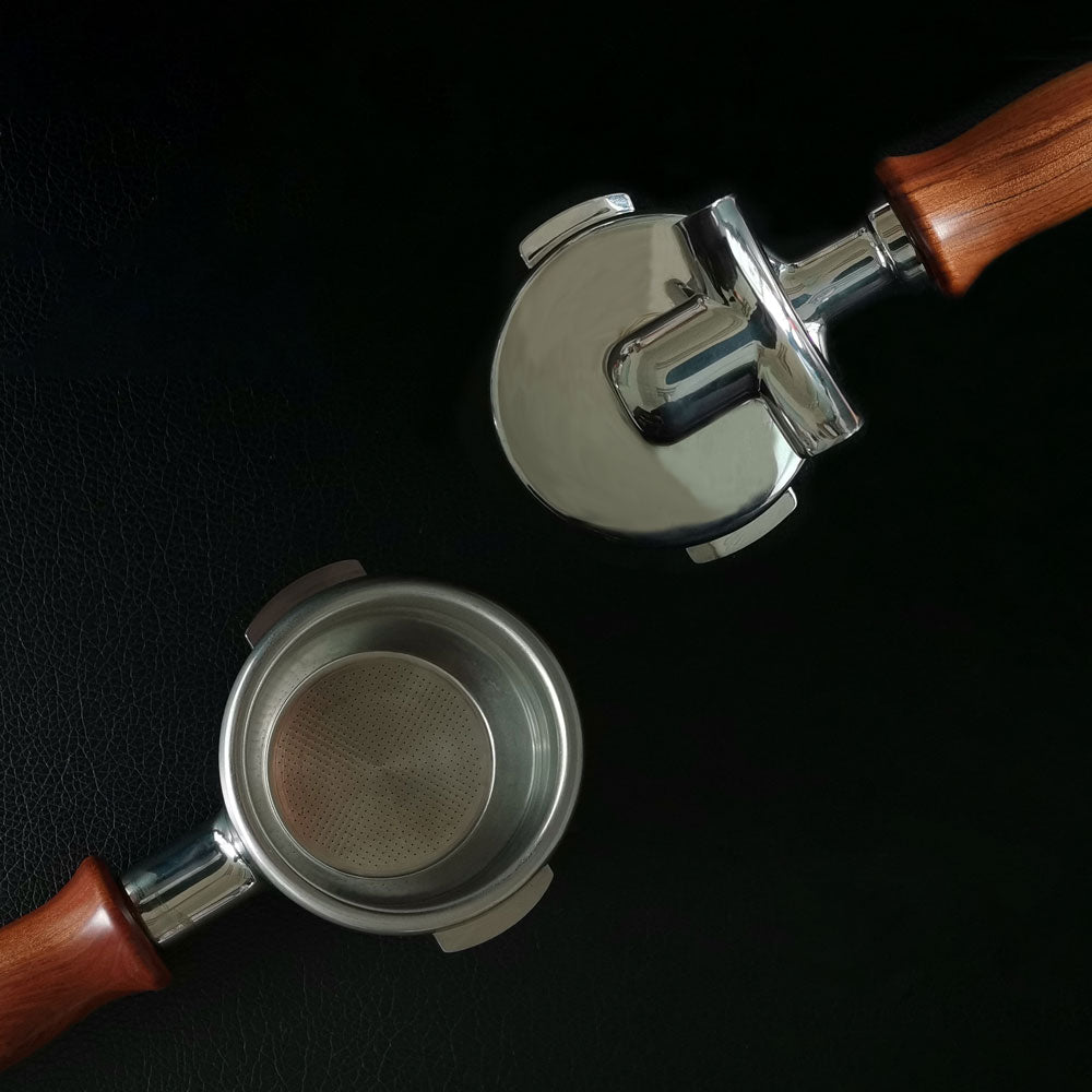 51mm, 54mm, 58mm Two Spout Coffee Portafilter with Filter Basket, 3 Ears, Stainless Steel&Walnut